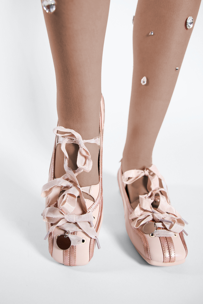 Play Ball Ballet Pink Flats | With Lace-Up Ribbons & Rose